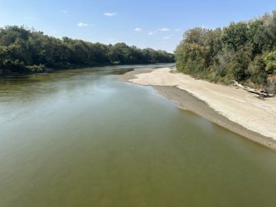 A wide, greenish-brown river flows between banks lined with dense green trees under a clear blue sky. A light-colored sandy beach stretches along the right bank of the water.