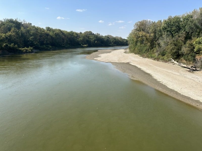 A wide, greenish-brown river flows between banks lined with dense green trees under a clear blue sky. A light-colored sandy beach stretches along the right bank of the water.