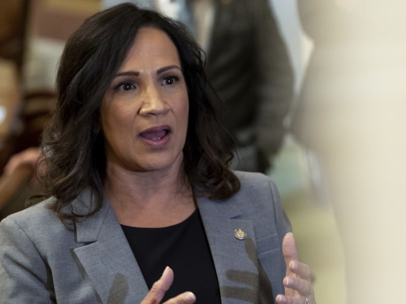 An image of Minnesota House Speaker Lisa Demuth, a woman with shoulder-length, dark wavy hair speaks and gestures with both hands while wearing a gray blazer over a black top.