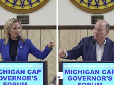 A split-screen image features Michigan gubernatorial candidates Jocelyn Benson and Mike Duggan. They stand behind podiums with digital screens that read, "Welcome to UAW Local 600 Michigan CAP Governor's Forum."