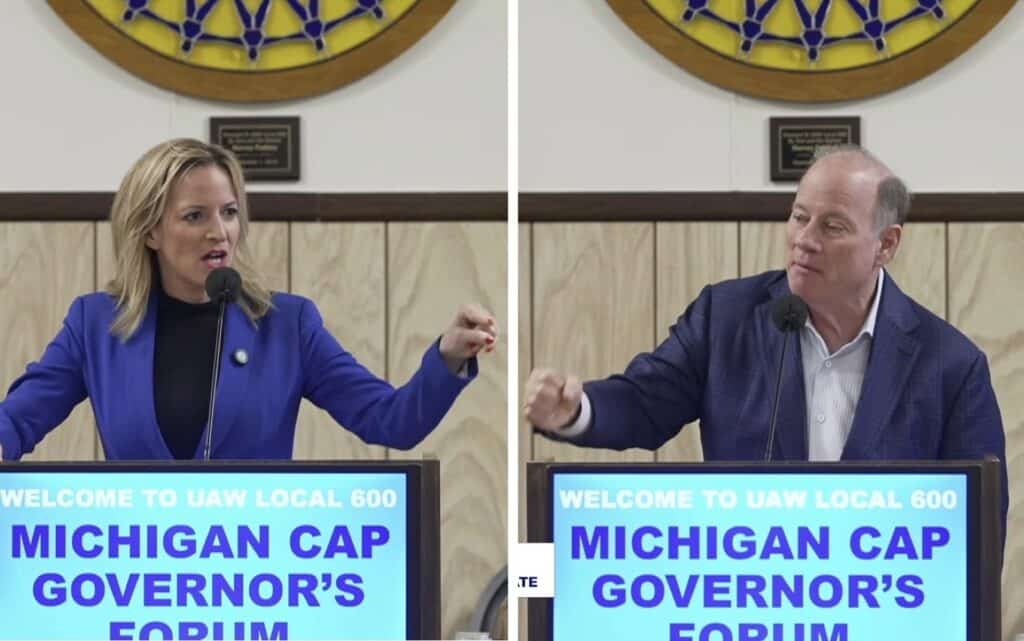 A split-screen image features Michigan gubernatorial candidates Jocelyn Benson and Mike Duggan. They stand behind podiums with digital screens that read, "Welcome to UAW Local 600 Michigan CAP Governor's Forum."
