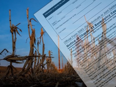 A semi-transparent legal document is diagonally overlaid on a photograph of dry, brown corn stalks in a harvested field under a clear blue sky. The document prominently displays the text "Official Form 309G" and "Notice of Chapter 12 Bankruptcy Case." This composite image visually represents the concept of agricultural or farm bankruptcy.