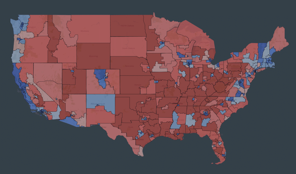 A political map of the United States shows the country divided into congressional districts, colored in varying shades of red and blue to indicate partisan lean. The majority of the map's geographic area, particularly across the Great Plains, South, and Mountain West, is dominated by shades of red. Blue areas are concentrated in urban centers, parts of the West Coast, the Northeast, and scattered districts across the South.