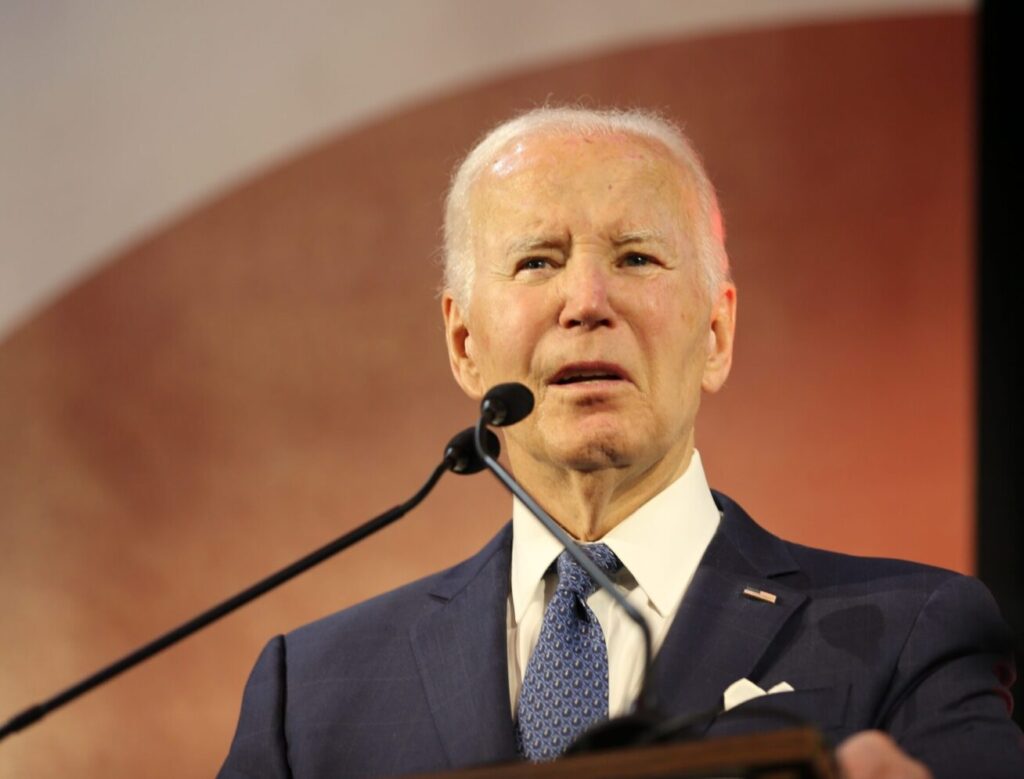 Former President Joe Biden delivers the keynote address at the South Dakota Democratic Party’s annual McGovern Day dinner on June 5, 2026, at the Ramkota exhibit hall in Sioux Falls. (Photo by Joshua Haiar/South Dakota Searchlight)
