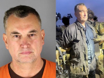 Two side-by-side images of Vance Boelter, the man who plead guilty for killing former Minnesota House Speaker Melissa Hortman. The left image is Boelter's booking photo. On the right, he is shown outdoors under a purple twilight sky while being apprehended by tactical officers in green