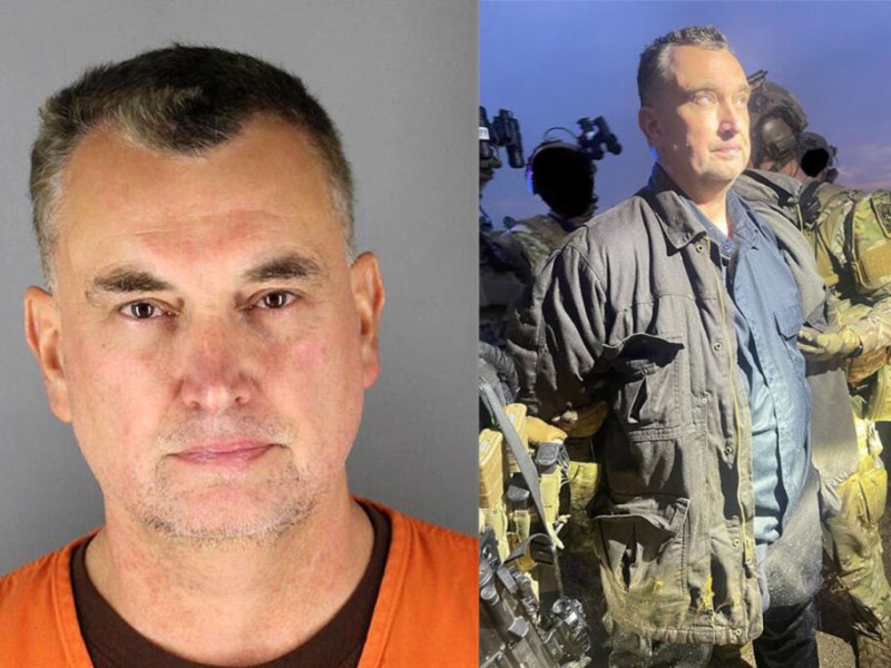 Two side-by-side images of Vance Boelter, the man who plead guilty for killing former Minnesota House Speaker Melissa Hortman. The left image is Boelter's booking photo. On the right, he is shown outdoors under a purple twilight sky while being apprehended by tactical officers in green