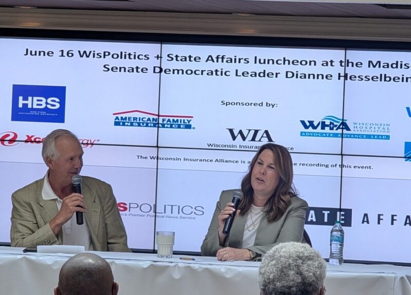 Wisconsin state Senator Dianne Hesselbein sits at a panel table next to WisPolitics President Jeff Mayers.