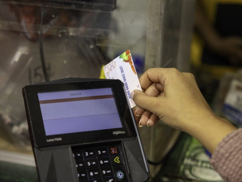 A hand slides a WIC Farmers' Market Benefit card, decorated with illustrations of vegetables, into the slot of a black Ingenico electronic payment terminal. The person making the transaction wears a long-sleeved, textured mauve sweater.