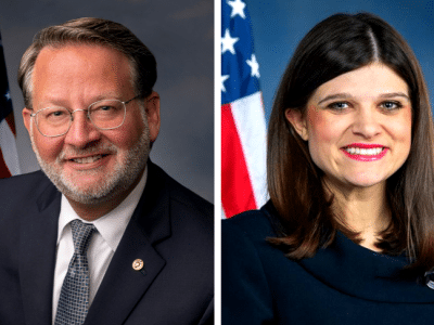 Side-by-side official headshots of Senator Gary Peters and Representative Haley Stevens
