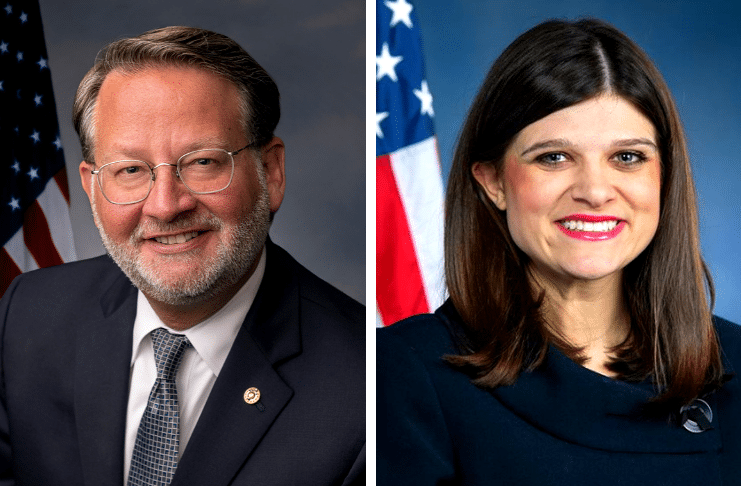 Side-by-side official headshots of Senator Gary Peters and Representative Haley Stevens