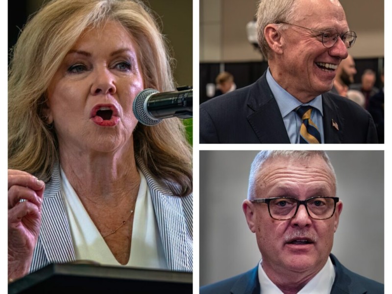 A three-panel collage of headshots featuring Tennessee Republican gubernatorial candidates U.S. Sen. Marsha Blackburn, U.S. Rep. John Rose, and state Rep. Monty Fritts.