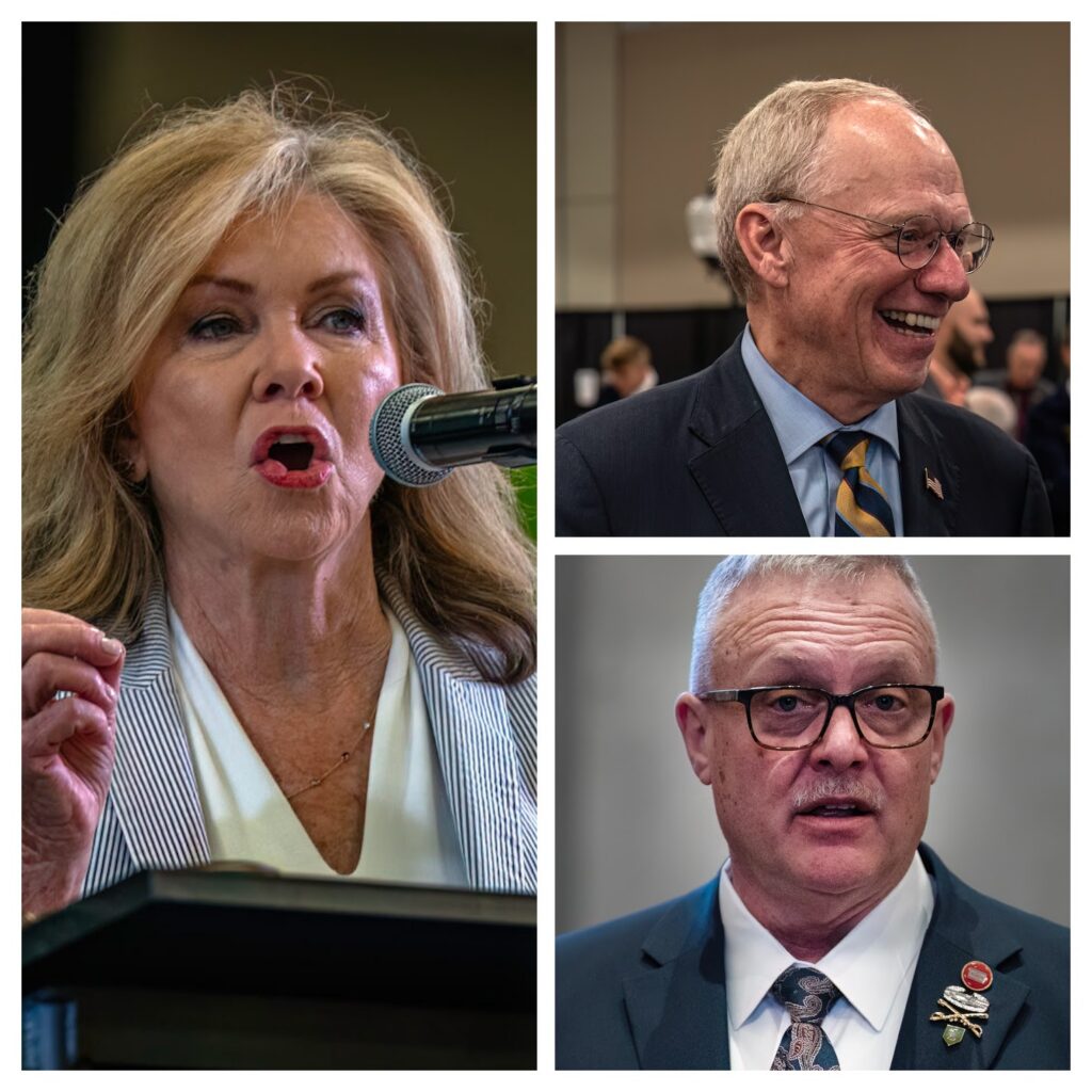A three-panel collage of headshots featuring Tennessee Republican gubernatorial candidates U.S. Sen. Marsha Blackburn, U.S. Rep. John Rose, and state Rep. Monty Fritts.