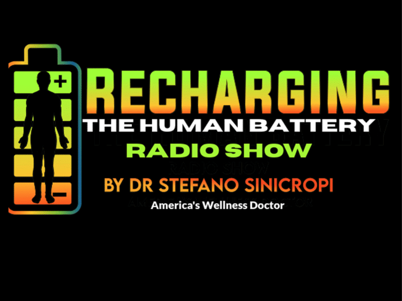 Logo for the "Recharging the Human Battery Radio Show by Dr. Stefano Sinicropi," featuring a human silhouette inside a battery.