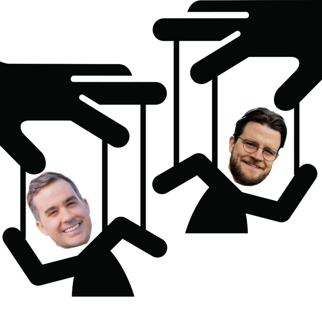 A composite illustration where large black silhouetted hands operate marionettes featuring the real faces of two men, suggesting they are puppets.