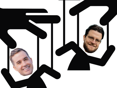 Jordan Wood and Will Lawrence's heads photoshopped onto graphics of marionettes, with hands controlling them above