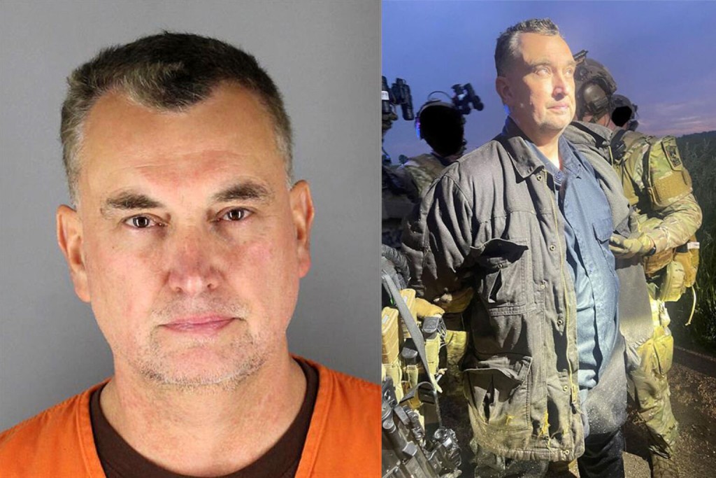 A split image showing Vance Luther Boelter in an orange jail jumpsuit, alongside his arrest by law enforcement