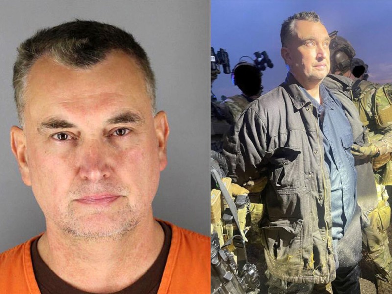 A split image showing Vance Luther Boelter in an orange jail jumpsuit, alongside his arrest by law enforcement