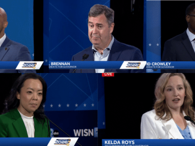 A grid of five screenshots shows Democratic candidates Mandela Barnes, Joel Brennan, David Crowley, Francesca Hong and Kelda Roys speaking during a televised debate.