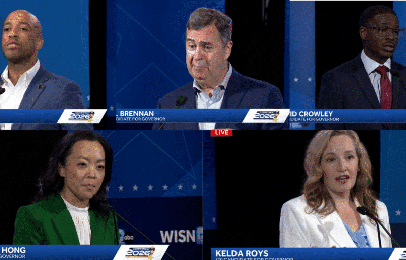 A grid of five screenshots shows Democratic candidates Mandela Barnes, Joel Brennan, David Crowley, Francesca Hong and Kelda Roys speaking during a televised debate.