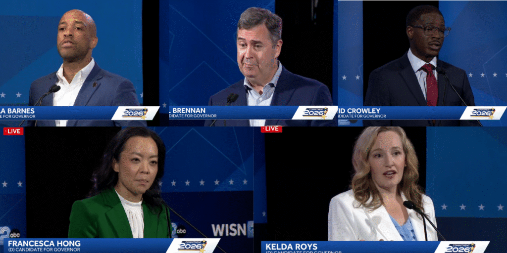 A grid of five screenshots shows Democratic candidates Mandela Barnes, Joel Brennan, David Crowley, Francesca Hong and Kelda Roys speaking during a televised debate.