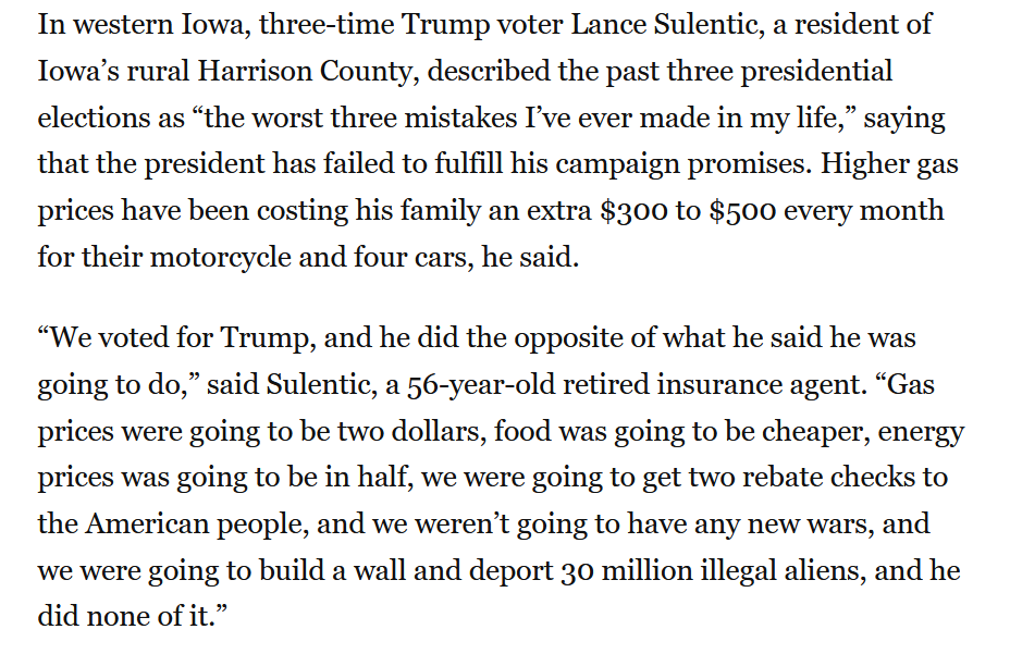 Screenshot of a Washington Post article quoting Lance Sulentic, a three-time Trump voter who says voting for Trump was "the worst three mistakes I've ever made in my life."