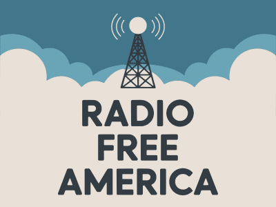 Logo featuring a radio tower emitting signal waves above stacked text reading "RADIO FREE AMERICA