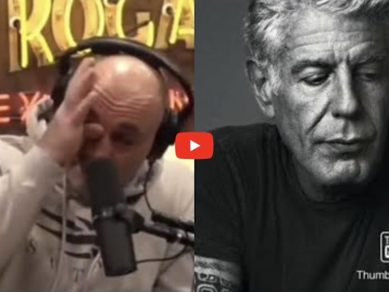 A split-screen thumbnail showing a distraught Joe Rogan holding his head on the left and a black-and-white portrait of Anthony Bourdain on the right.