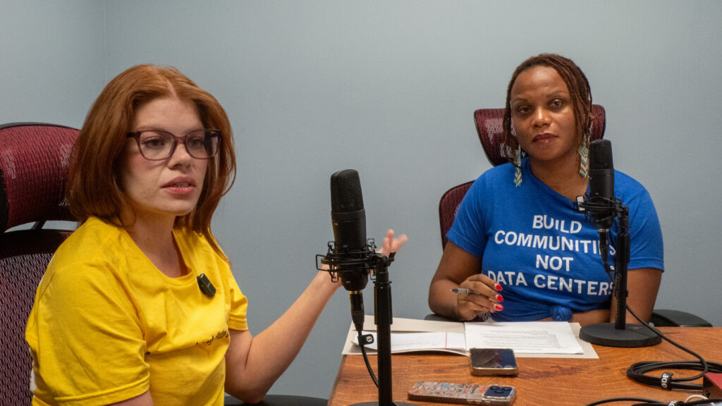 Reps. Alexis Simmons, left, and Brooklynne Mosley, right, appear for recording of the Kansas Reflector Podcast on Aug. 12, 2026, in Topeka