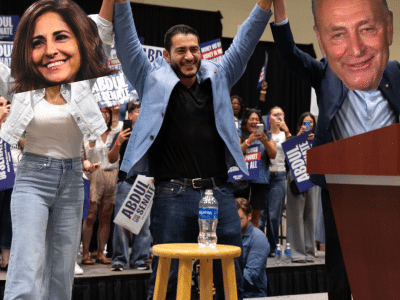 A doctored image of Dr. Abdul El-Sayed celebrating with Neera Tanden and Chuck Schumer