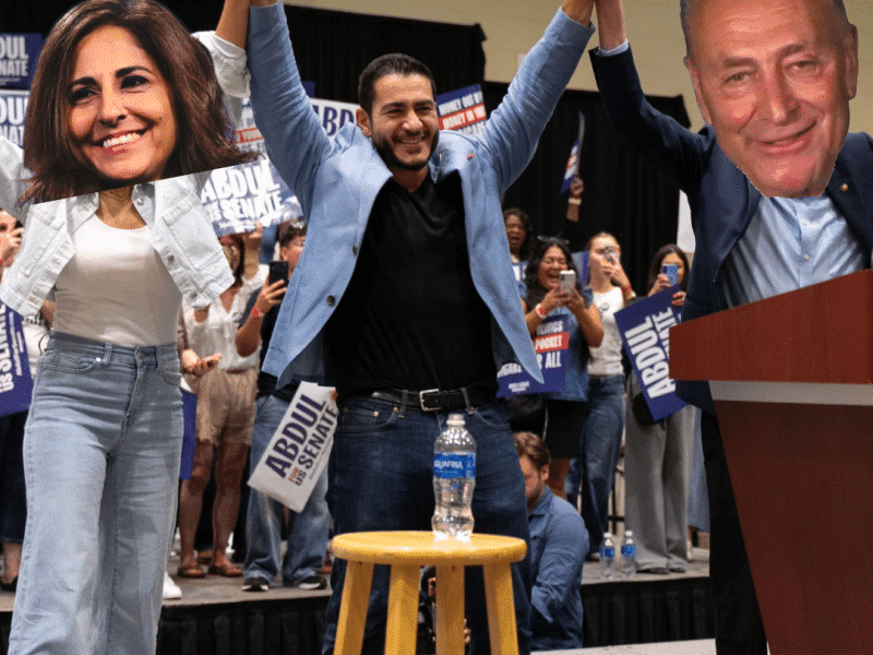 A doctored image of Dr. Abdul El-Sayed celebrating with Neera Tanden and Chuck Schumer