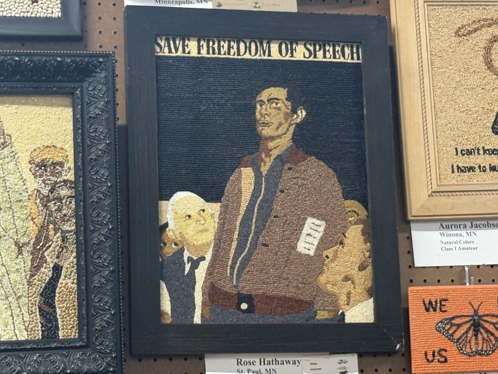 Seed art recreating Norman Rockwell's "Freedom of Speech" painting under the headline "SAVE FREEDOM OF SPEECH."
