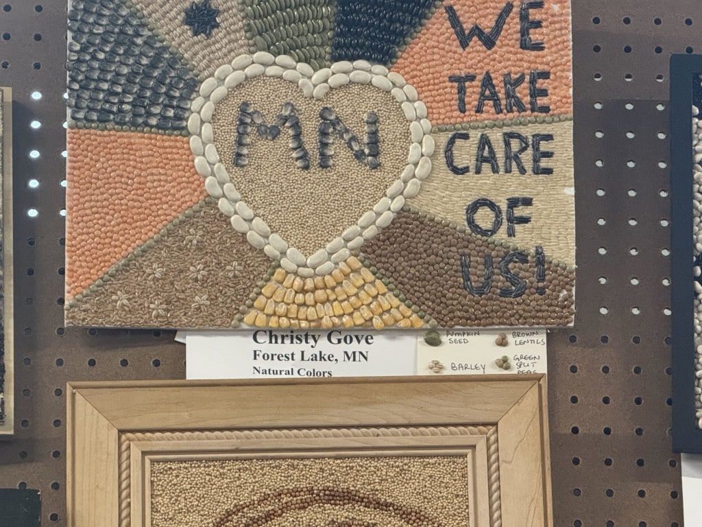 Seed art featuring a heart surrounding "MN" next to the text "WE TAKE CARE OF US!"