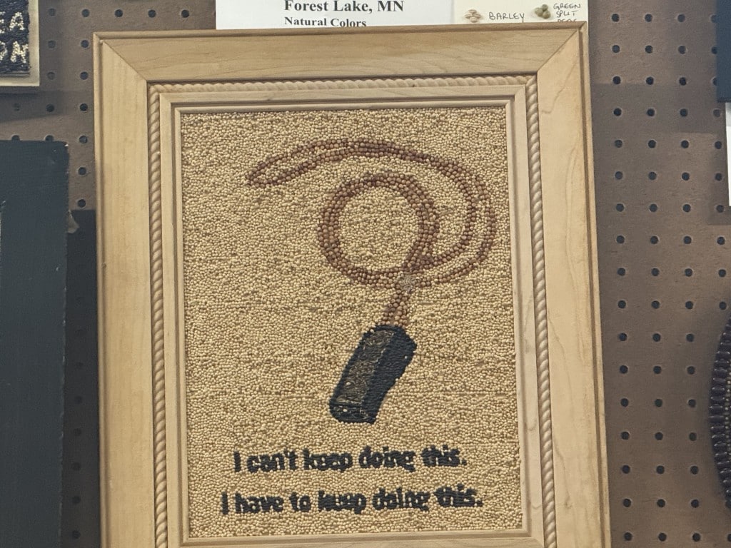 Seed art depicting a whistle above text reading "I can't keep doing this. I have to keep doing this."