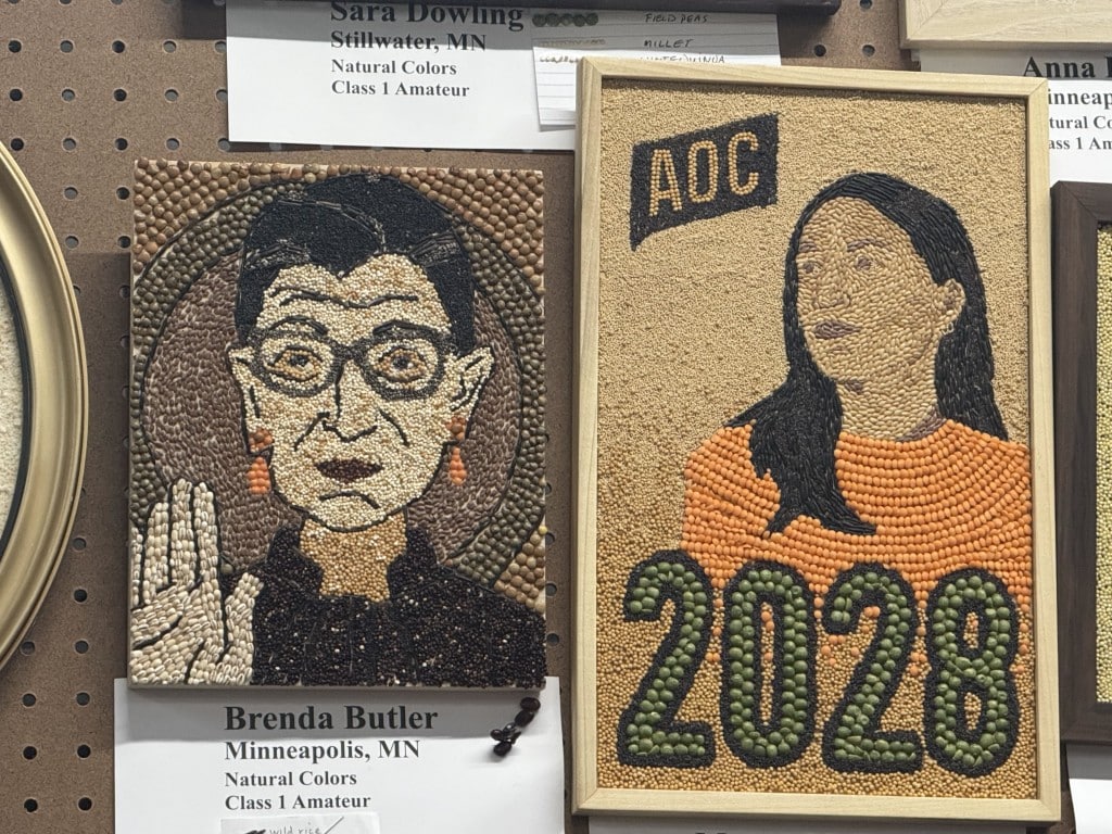 Two seed art portraits: Ruth Bader Ginsburg raising her hand, and Alexandria Ocasio-Cortez with text "AOC 2028."