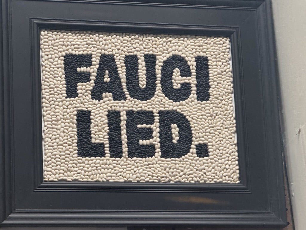Seed art made of black and white beans spelling out "FAUCI LIED."