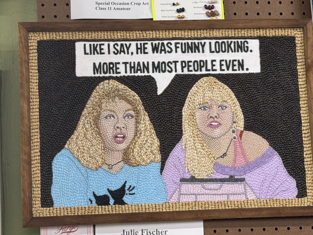 Seed art depicting two women from Fargo with a speech bubble: "LIKE I SAY, HE WAS FUNNY LOOKING. MORE THAN MOST PEOPLE EVEN."