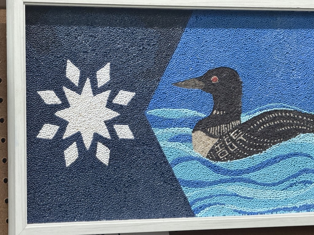 Seed art recreating the Minnesota state flag, featuring a white North Star and a loon swimming on blue water.