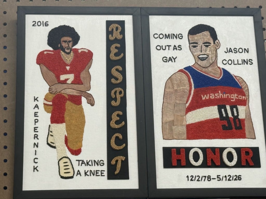 Two seed art portraits: Colin Kaepernick kneeling nest to "RESPECT" and Jason Collins over "HONOR."