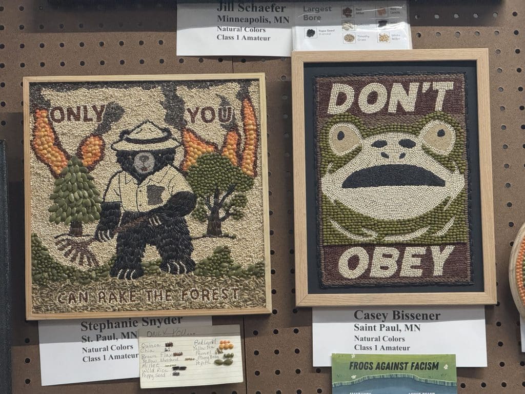 Two seed art pieces: Smokey Bear with "ONLY YOU CAN RAKE THE FOREST" and a frog face with "DON'T OBEY."