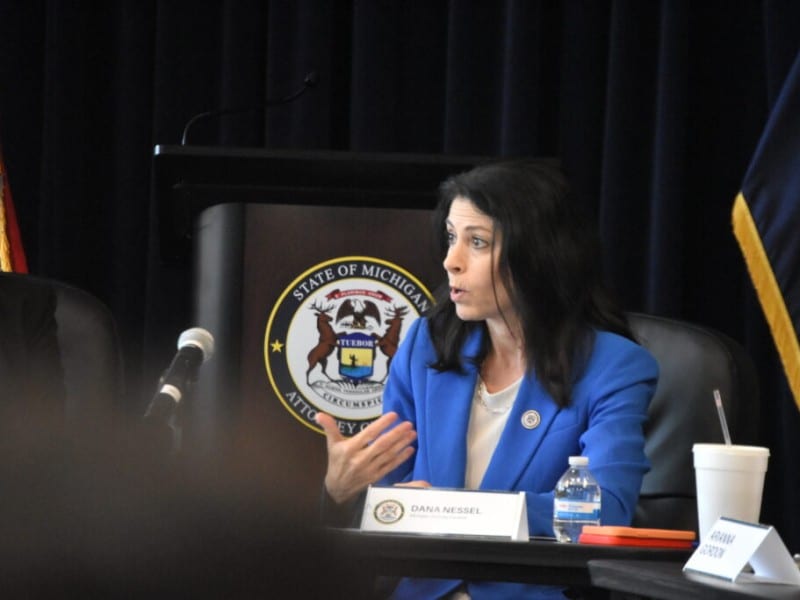 Michigan Attorney General Dana Nessel gestures with her hands while speaking at a press table.