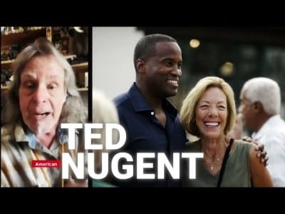 Split screen of Ted Nugent speaking on video alongside John James smiling next to a woman, overlaid with text reading "TED NUGENT."