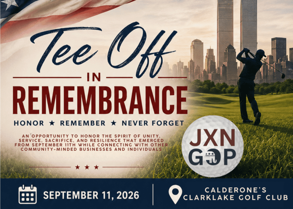 Flyer reading "Tee Off IN REMEMBRANCE" with a golfer against the Twin Towers and New York skyline (likely AI generated).