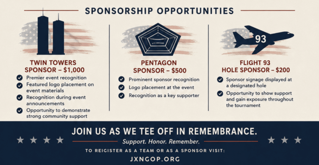 Flyer section listing sponsorship tiers named Twin Towers ($1,000), Pentagon ($500) and Flight 93 Hole ($200), with benefits for each and a "Join us as we tee off in remembrance" tagline