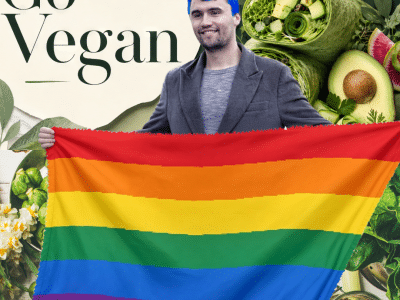 Edited photo of Charlie Kirk with blue hair holding a rainbow Pride flag against a background of vegetables and text reading "Go Vegan".