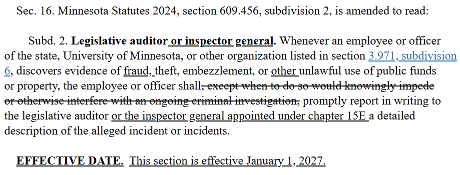 Bill text amending Minnesota Statutes section 609.456, adding inspector general to fraud reporting requirements, effective January 1, 2027
