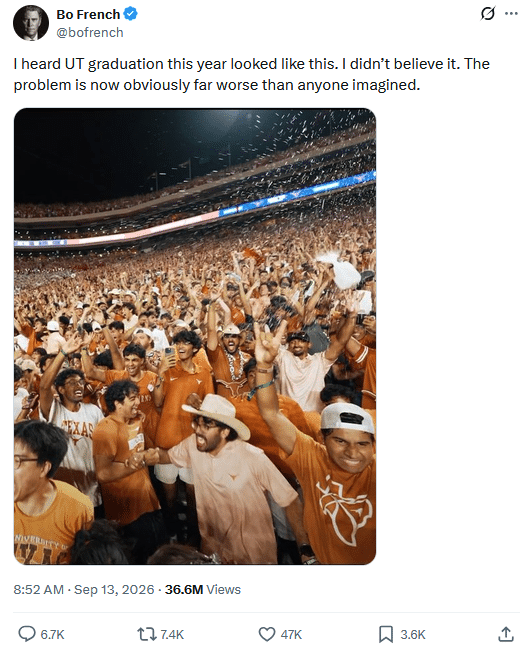 Post by Bo French: "I heard UT graduation this year looked like this. I didn't believe it. The problem is now obviously far worse than anyone imagined." above a photo of a large crowd of UT students.
