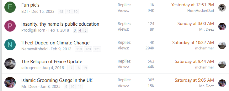 Screenshot of a forum topic list with thread titles including "Insanity, thy name is public education" and "Fun pic's".