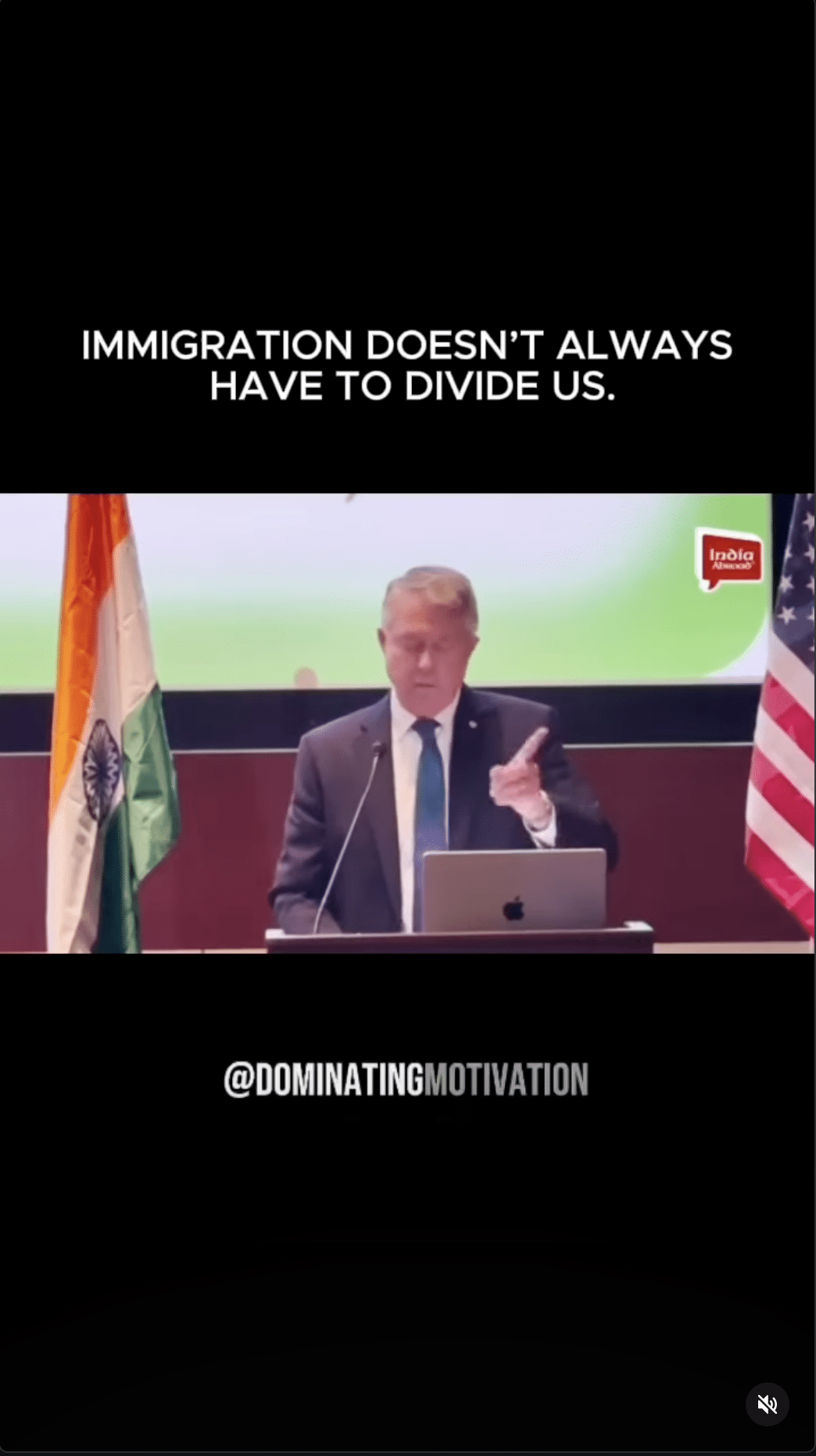 U.S. Sen. Roger Marshall speaks at a podium between Indian and US flags. Text overlay: "IMMIGRATION DOESN'T ALWAYS HAVE TO DIVIDE US."