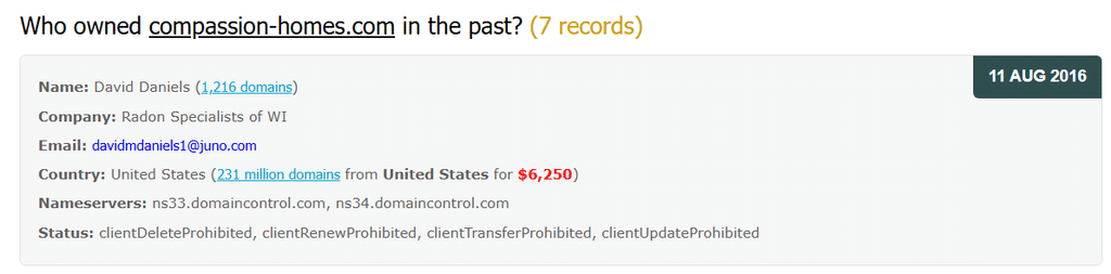 WHOIS domain record for compassion-homes.com from August 11, 2016, listing owner David Daniels of Radon Specialists of WI.