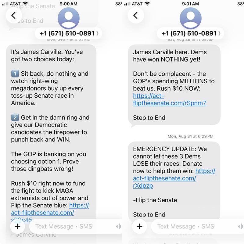 Screenshots of aggressive political fundraising text messages claiming to be from James Carville, urging supporters to "Rush $10 right now" to "Flip the Senate blue."